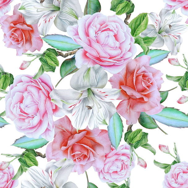 Seamless pattern with flowers. Rose. Alstroemeria.  Watercolor i - 写真・画像
