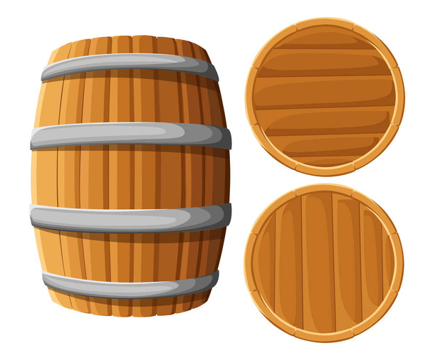 鉄の輪で木製の樽。白い背景上に分離。ベクトル木製ビール樽。パブやバーでメニュー、アルコール飲料ラベル、酒蔵のシンボル デザイン。Web サイト ページとモバイル アプリの設計 - ベクター画像