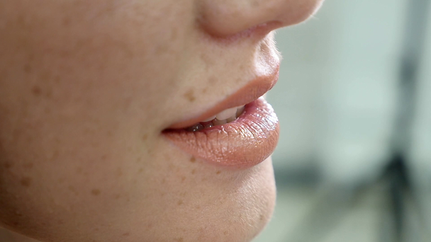 Close-up beeld van een professionele Visagist lippenstift op modellen lippen werken in schoonheid modebranche toe te passen. Close-up beeld van een hand van de kunstenaars met behulp van speciale borstel. Slow motion - Video