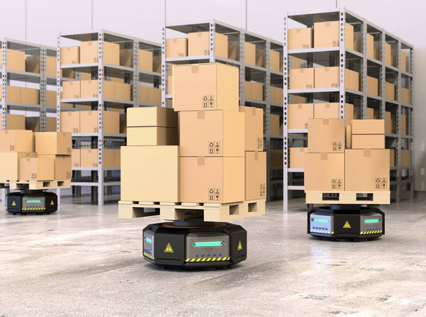 Transporteurs de robots noirs transportant des palettes avec des marchandises dans un entrepôt moderne
 - Photo, image