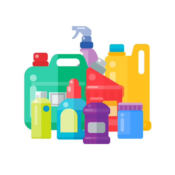 Butelki po chemii gospodarczej dostarcza czyszczenia domowych plastikowe detergentów płynnych krajowych płynu cleaner pack ilustracja wektorowa. - Wektor, obraz