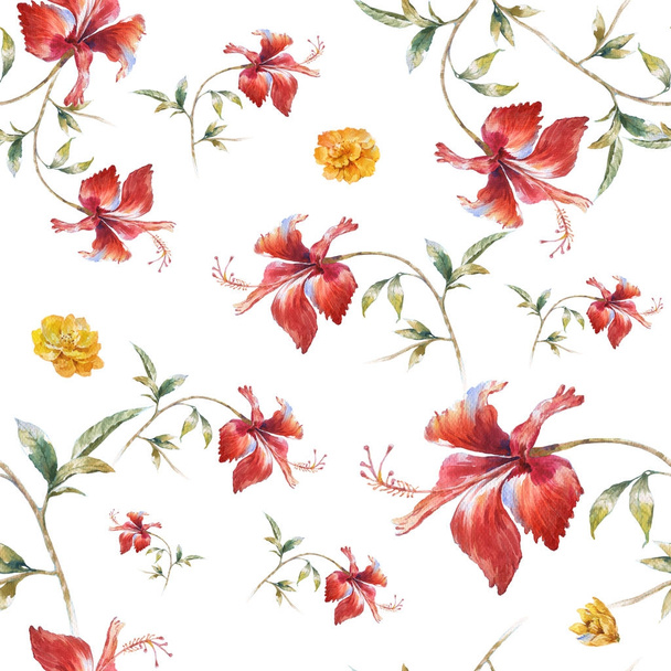 Watercolor painting of leaf and flowers, seamless pattern on white background. - 写真・画像
