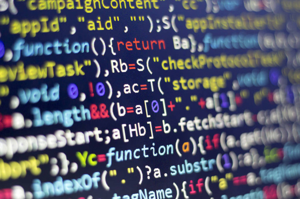 Web development javascript HTML5 code. Abstract information technology modern background. Network hacking. Lines of minificated JS code. Screen of web developer. - Photo, Image