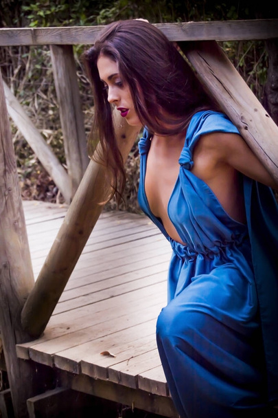Bella donna nel campo su un ponte di legno con indosso un eveni
 - Foto, immagini