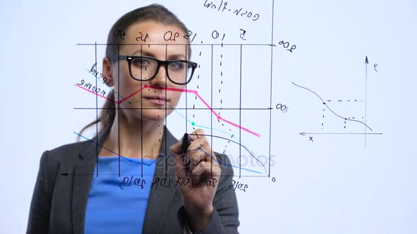 Woman dessine divers graphiques de croissance, calculant les perspectives de succès dans un bureau en verre moderne
 - Séquence, vidéo