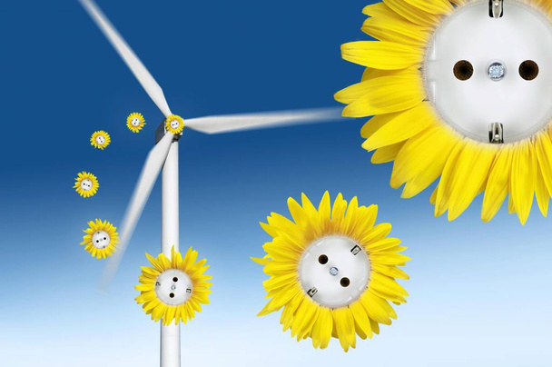 Symbolic image for wind power, sun flower sockets flying out of a wind turbine - Photo, Image
