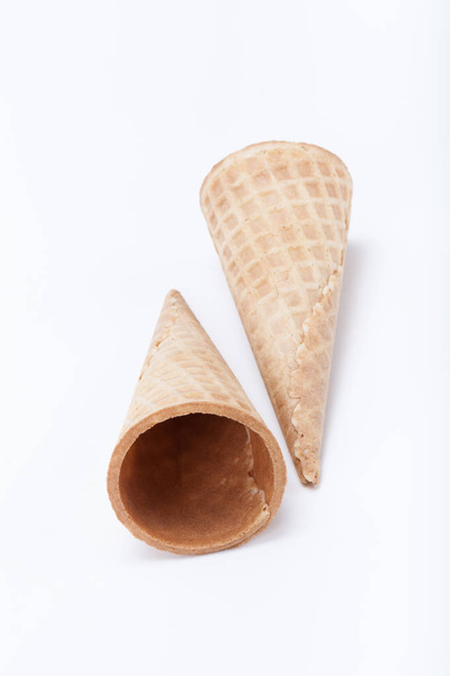 Empty sugar waffle cones for the ice cream isolated on white bac - Photo, Image