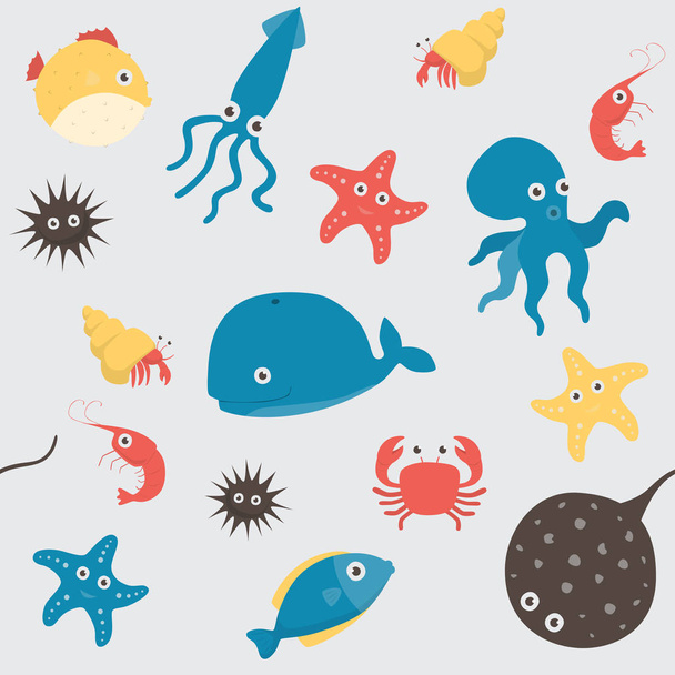 Beyaz arka plan üzerinde komik deniz hayvanla ayarla - Vektör, Görsel