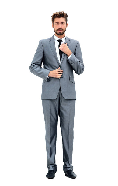 Man in suit straightens collar, portrait on white background - Zdjęcie, obraz