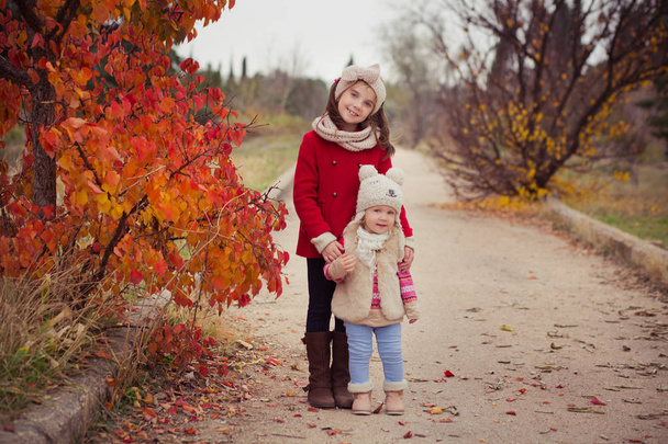 Модні сестри для дівчаток стильно одягнені брюнетка і блондинка в теплий осінній одяг куртки позують щасливо разом у барвистому лісовому листі.Обличчя з веснянками
 - Фото, зображення