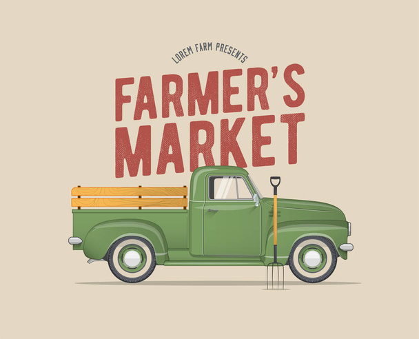 Farmer's Market témájú Vintage stílusú vektoros illusztráció a régi iskola mezőgazdasági termelő zöld kisteherautóval - Vektor, kép
