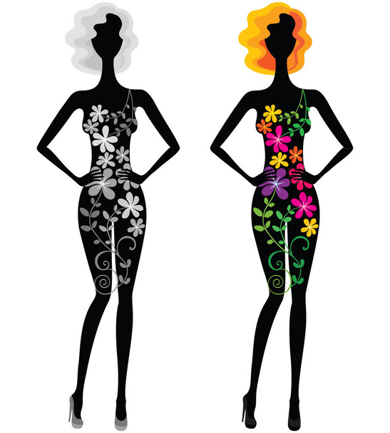 Young beautiful woman in dress of flowers in two variations - Vector, Image