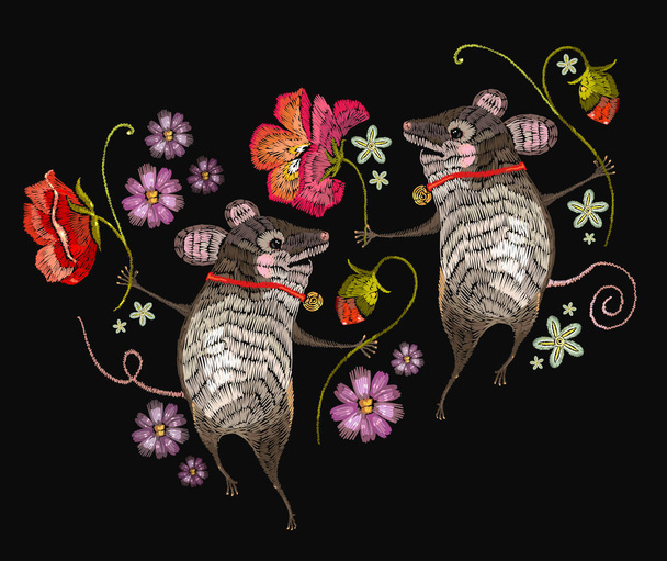 Embroidery mouse. Two cheerful mice are danced in flowers - ベクター画像