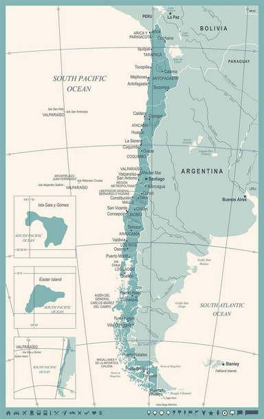 Χάρτης Χιλής - Vintage λεπτομερείς διανυσματικά εικονογράφηση - Διάνυσμα, εικόνα