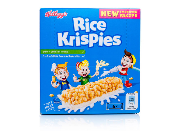 LONDON, UK - November 17, 2017: Box of Kellogg's Rice Crispies Breakfast Cereal Bar on white, Rice Crispies are a popular breakfast cereal made from sugar coated corn flakes. - Photo, image