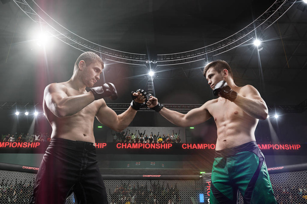 dois lutadores mma em pé em posição de combate pronto para lutar em mma cage close-up
 - Foto, Imagem