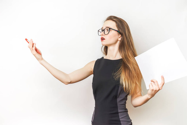 Woman repetition speech,in a black dress and glasses - Photo, image