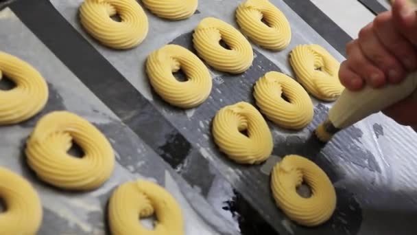 De chef van het gebakje op het werk bereidt en stopt snoep in suikergoed - Video