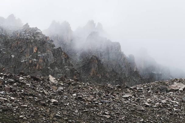 альпийский пейзаж с камнями и туманом
 - Фото, изображение