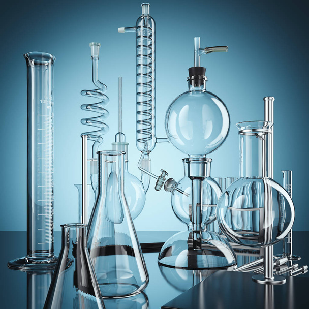 Glass chemistry lab equipment. 3d rendering - Photo, image