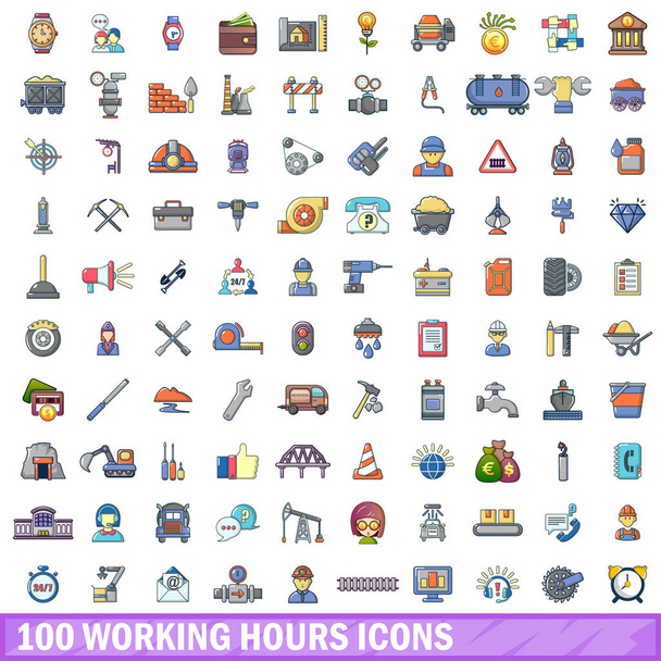 100 ώρες εργασίας εικονίδια οριστεί, κινούμενα σχέδια στυλ - Διάνυσμα, εικόνα
