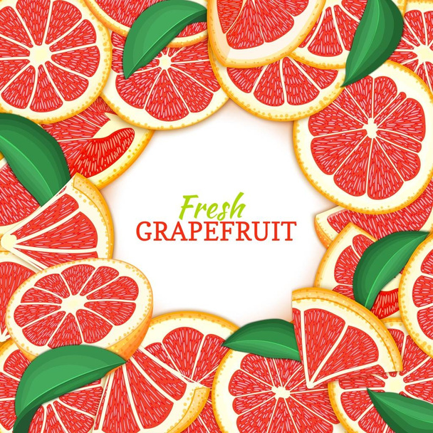 Round colored frame composed of delicious grapefruit. Vector card illustration. Red pomelo fresh and juicy citrus fruit frame for design of food packaging juice breakfast, cosmetics, tea, detox diet. - Vector, Image