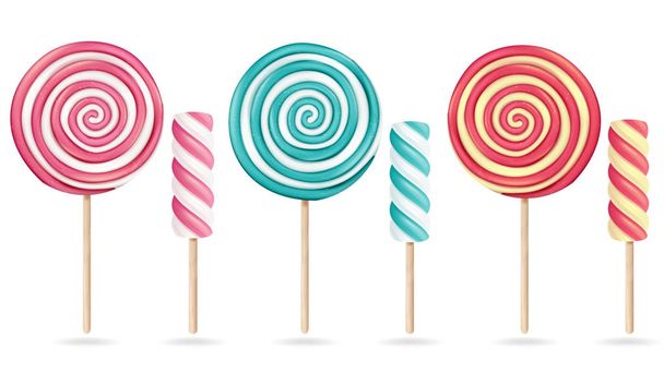 Round Pink Lollipop Set Vector. Cream Marshmallow On Stick. Sweet Realistic Candy Spiral Isolated Illustration - Vector, Image