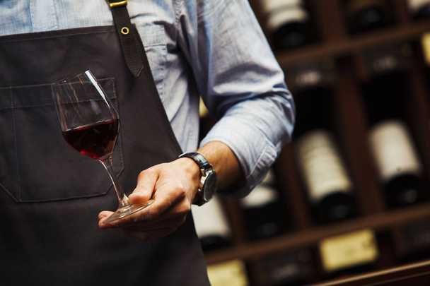 Male sommelier holds bokal with red wine in hand - Photo, image