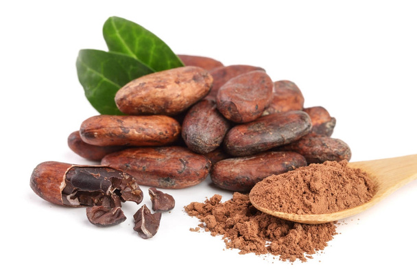 neoloupané kakaových bobů s listy a kakao prášek v dřevěnou lžící izolovaných na bílém pozadí - Fotografie, Obrázek