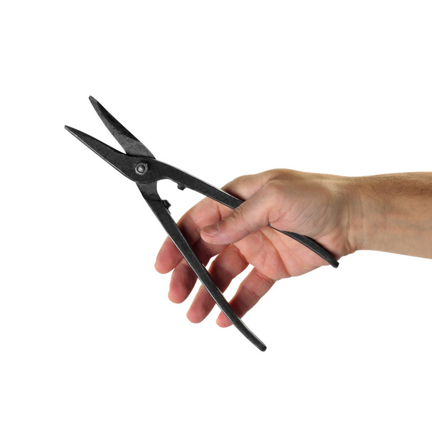 Narzędzie obiekty ręce akcji - rękę nożyczki do cięcia metalu pracy - Zdjęcie, obraz
