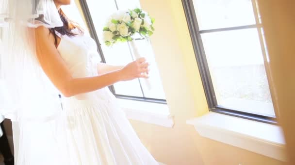 Portrait Caucasian Bride White Wedding Dress - Materiał filmowy, wideo