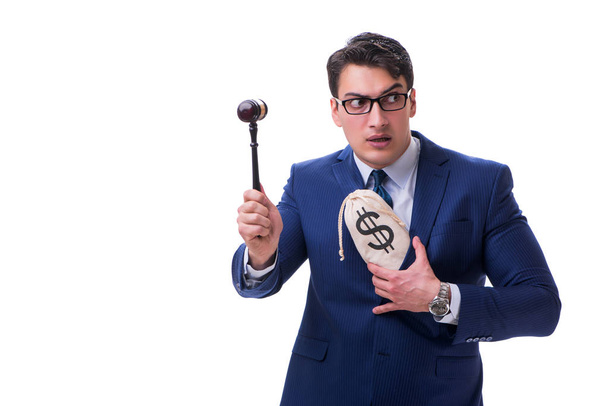 Advocaat met een hamer en een moneybag geld slecht geïsoleerd op wit - Foto, afbeelding