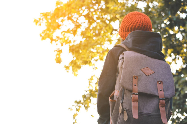 Asian girl backpack in nature winter season, Relax time on holiday concept travel,selective and soft focus,tone of hipster style - Foto, imagen