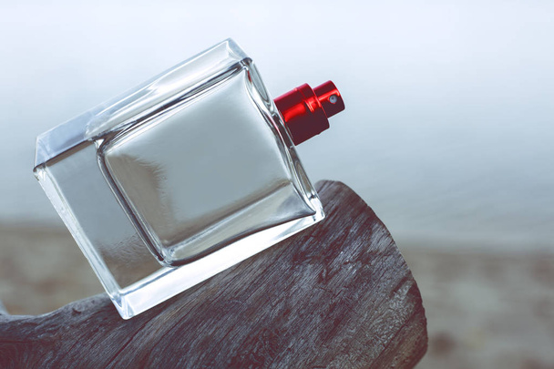 fles parfum bij natuur achtergrond - Foto, afbeelding