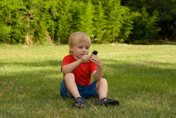 The little boy sitting on a grass - 写真・画像