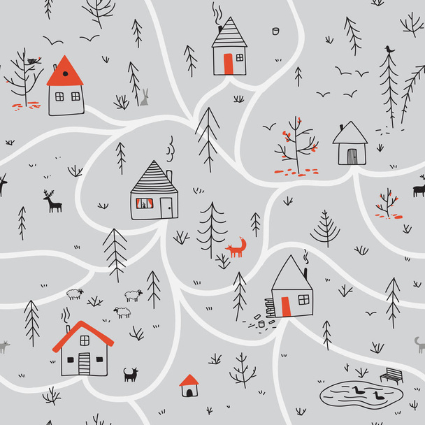 houses in winter forest seamless pattern with animals grey backg - Vetor, Imagem