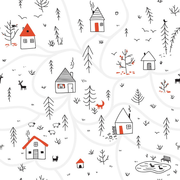 houses in winter forest seamless pattern with animals and red co - Vettoriali, immagini