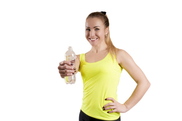 sports girl with water bottle isolated - Photo, Image