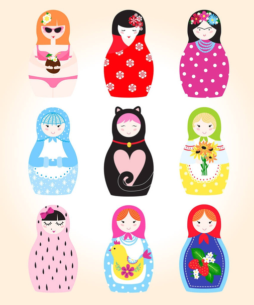 Traditional Russian doll Matryoshka toy nesting vector illustration with human puppet girl cute face - ベクター画像