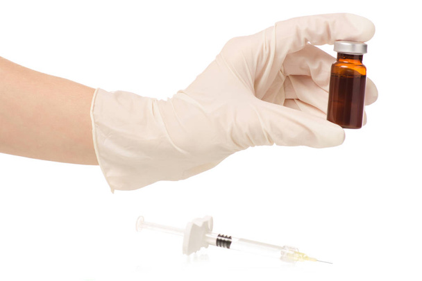 Glass Medicine Vial botox or flu with medical Syringe female hand - Φωτογραφία, εικόνα