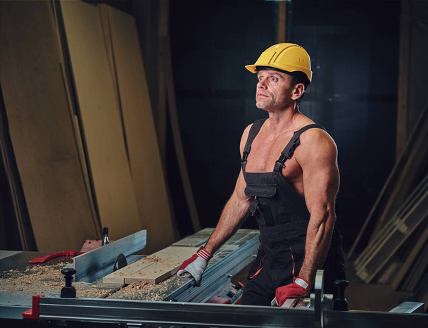 Portrait of shirtless muscular carpenter in a workshop. - Valokuva, kuva
