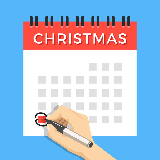 Mano con pennarello che circonda il giorno di Natale sul calendario. Calendario a spirale da parete con festività natalizie segnate. La versione con settimana è iniziata il lunedì. Moderno concetto di design piatto. Illustrazione vettoriale
 - Vettoriali, immagini