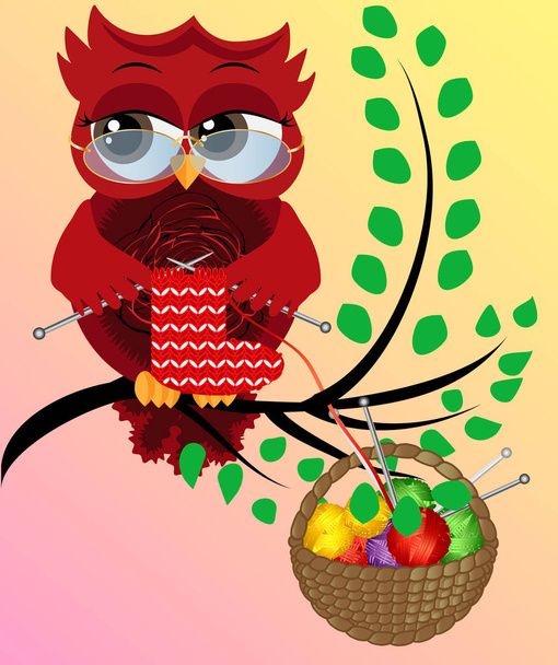 Červené koketní sova v brýle sedí na větvi a plete červené a bílé ponožky k Vánocům - Vektor, obrázek