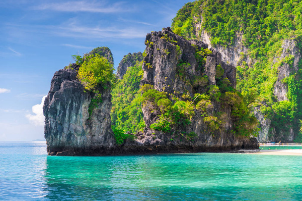 Rock bedekt met bomen in de Andaman Zee op het eiland van Hong - Foto, afbeelding