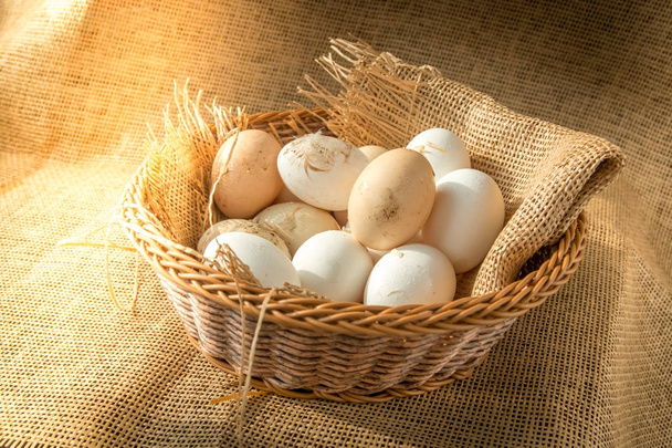 Fresh organic Hen eggs in basket wrapped with burlap fabric material and with direct morning sunshine light effect. - Photo, Image