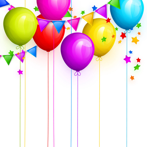 Bunch of colorful birthday balloons with stars and colorful buntings flags. Vector. - Vector, Image