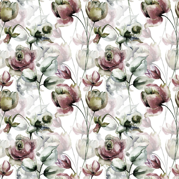Seamless pattern with Original flowers, watercolor illustration - Φωτογραφία, εικόνα