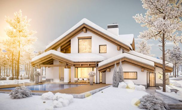 3d rendering of modern cozy house in chalet style  - 写真・画像