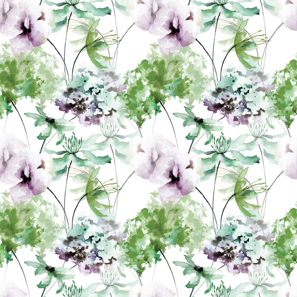 Seamless pattern with Decorative summer flowers, watercolor illustratio - 写真・画像