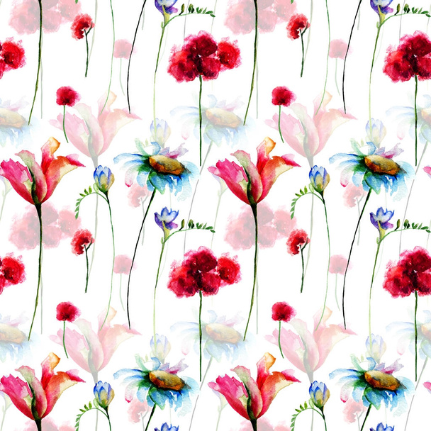 Seamless pattern with decorative flowers. Hand drawn floral elements for design - Foto, Imagem